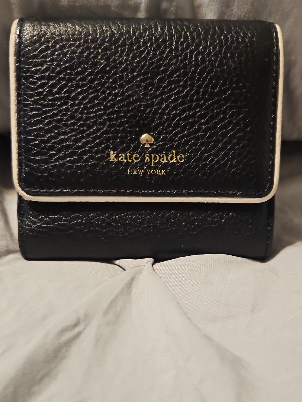 kate spade Black Leather Wallet with Cream Trim and Gold Logo